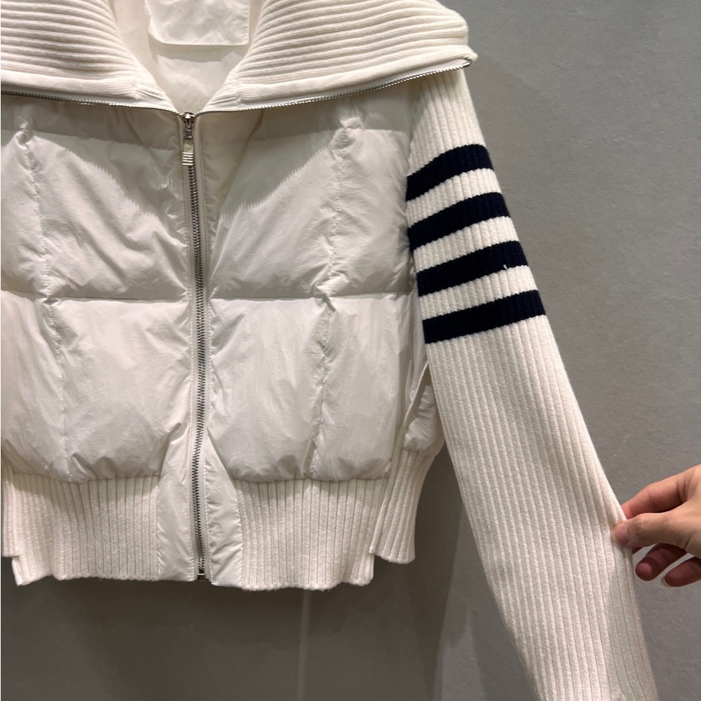 Thom Browne White Puffer Jacket with Black Stripes - Picture 3 of 8